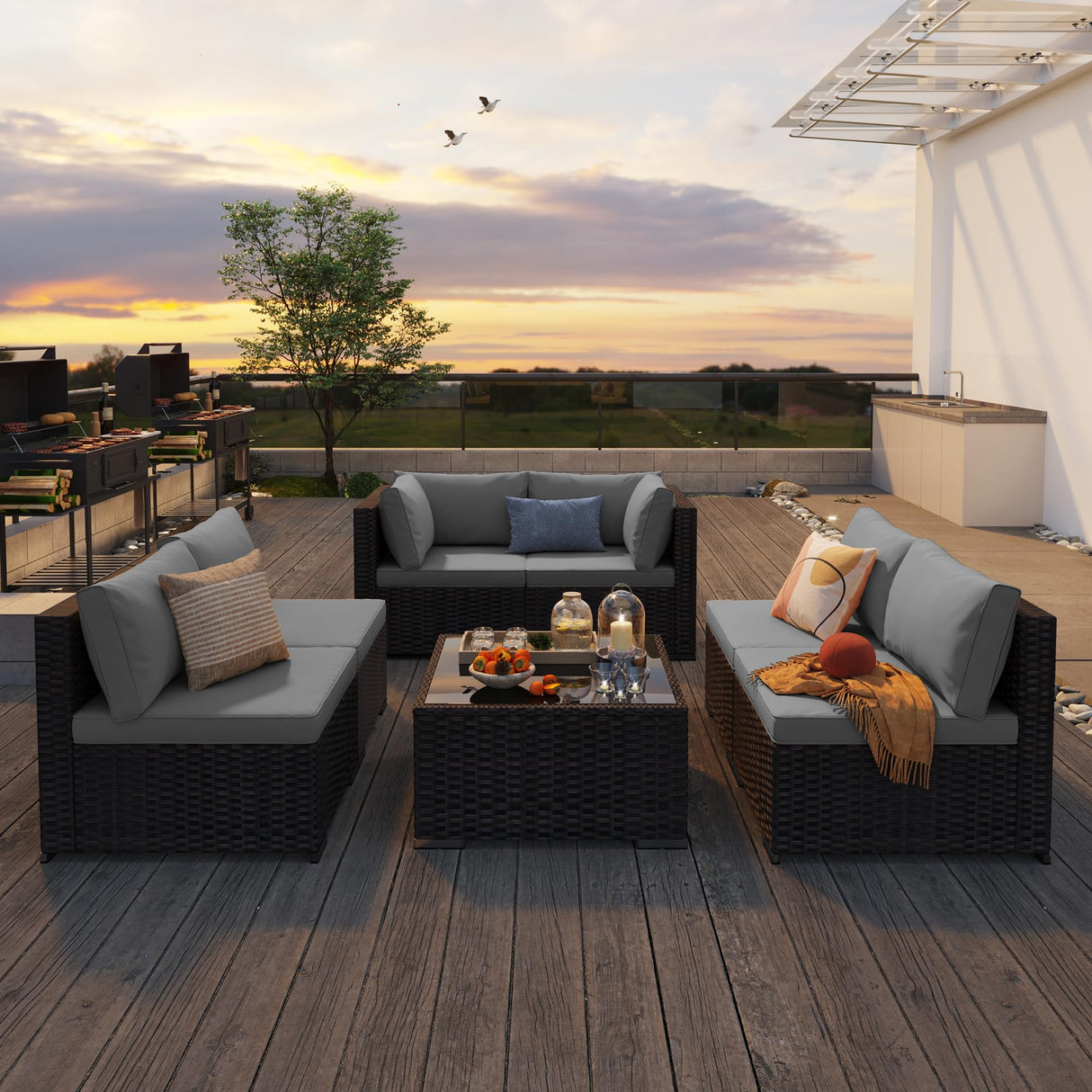 7 Pieces Outdoor Patio Furniture Set, PE Rattan Outdoor Wicker Sectional Furniture Sofa