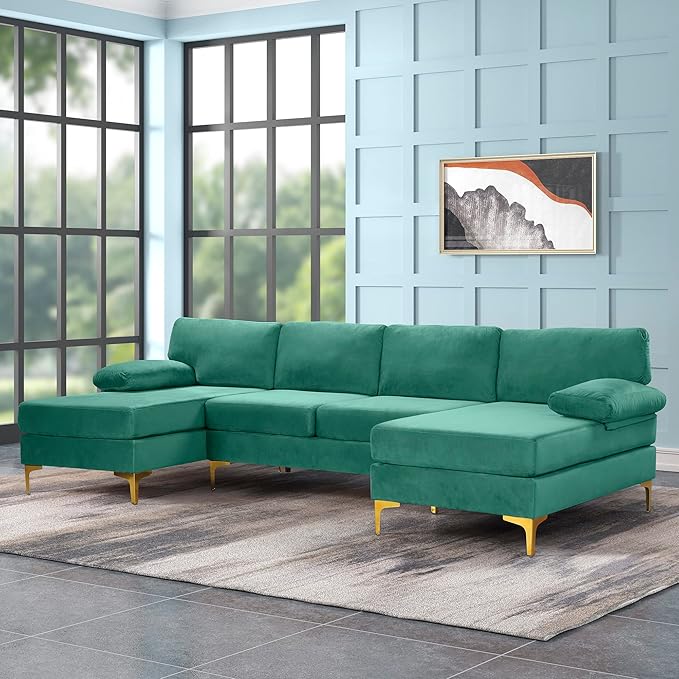 Large Velvet Fabric U-Shape Sectional Sofa, Double Extra Wide