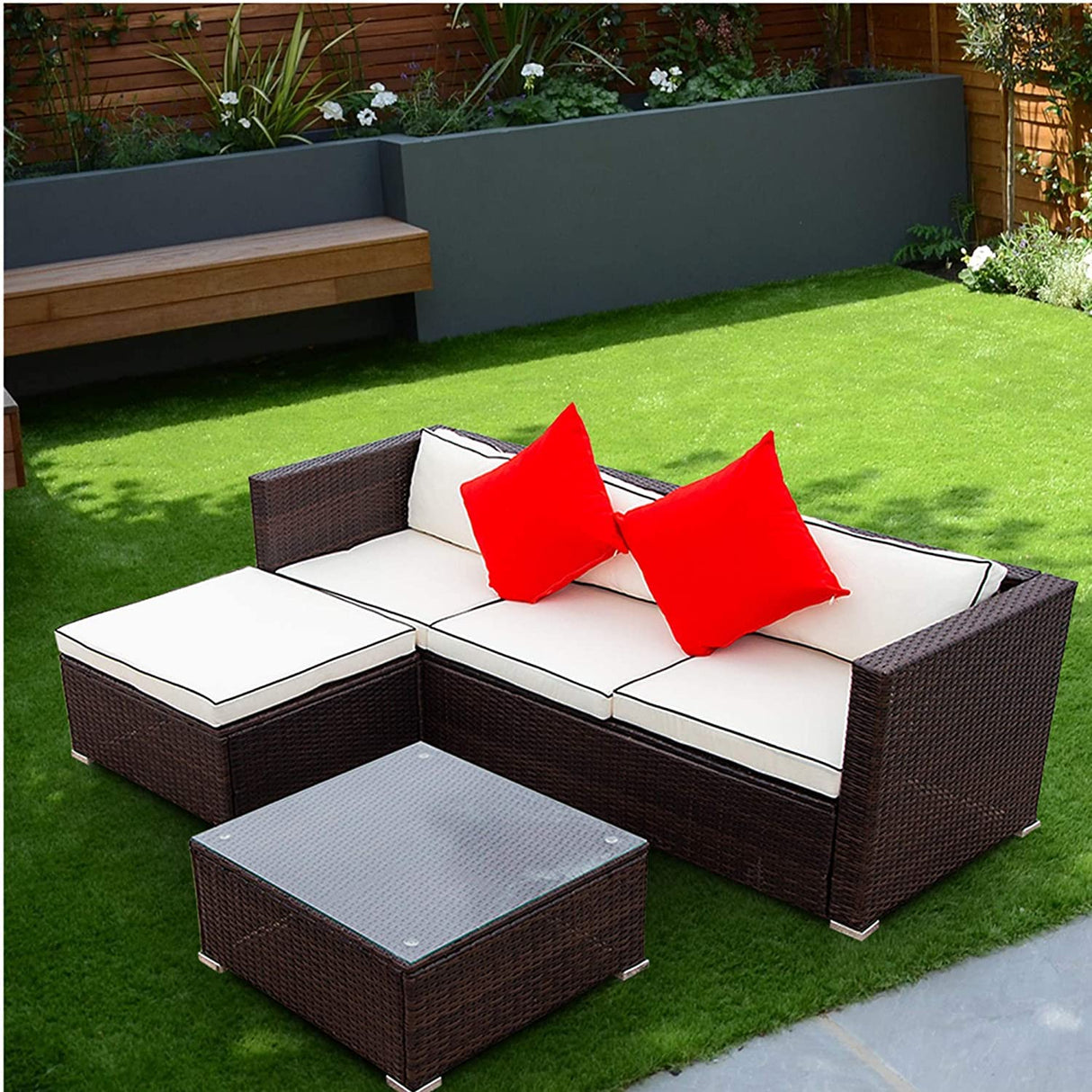 3-Piece Rattan Wicker Outdoor Sectional Set with Glass Coffee Table