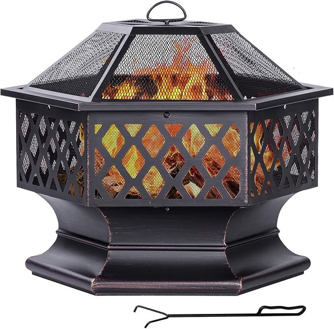 Outdoor Fire Pit, Hexagon Shaped Wood Burning Firepit for Outside Bonfire