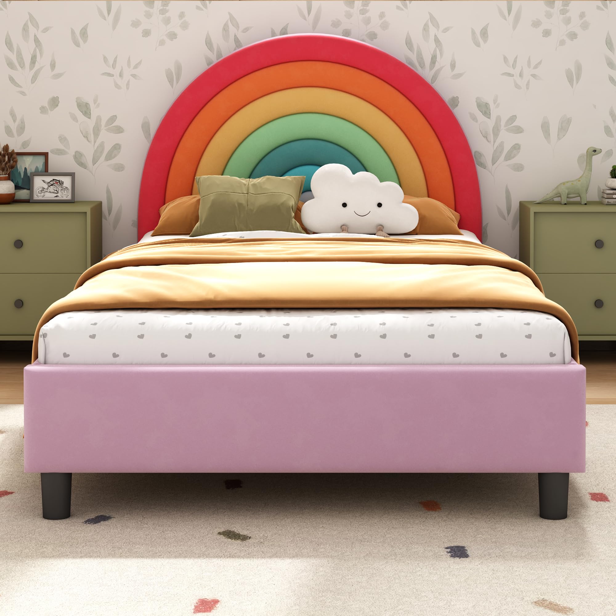 Rainbow Twin Size Bed Frame for Girls,Princess Twin Bed with Headboard,Cute Twin Girl Bed,Upholstered Platform Bed for Kids,Colorful & Pink