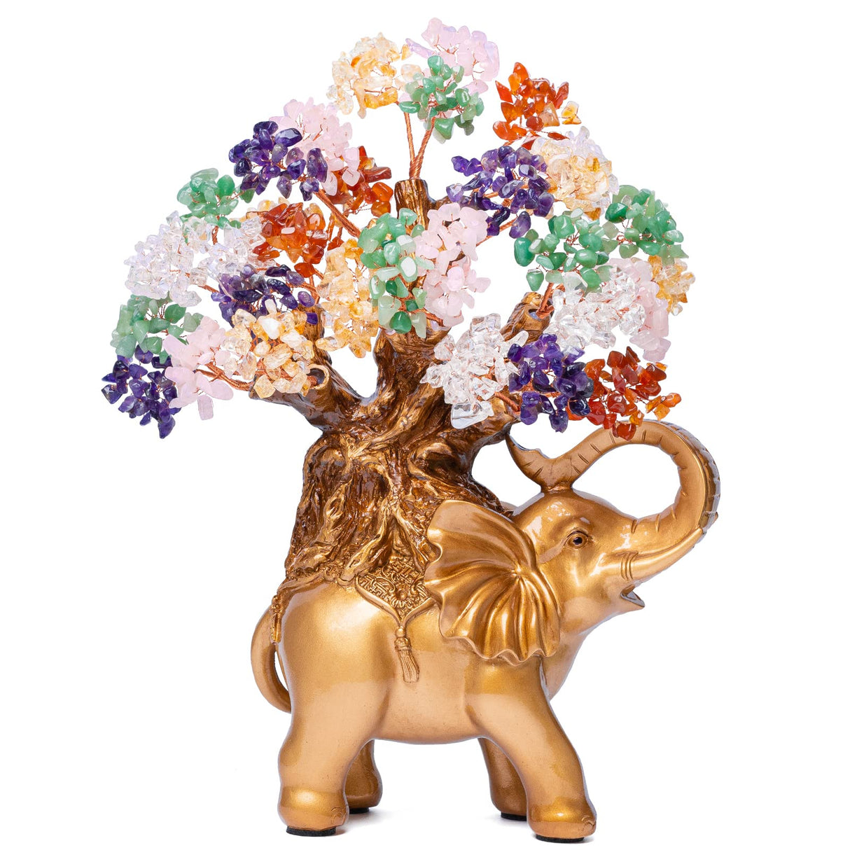 7 Chakra Crystal Money Tree on Gold Elephant Statue, 17”Large Gemstone Bonsai Tree