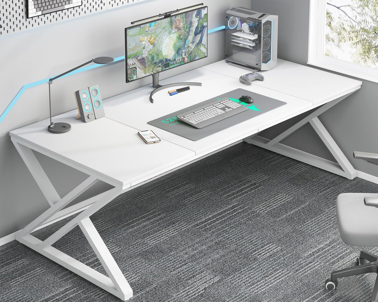 White 70.8" Computer Desk, Modern Large Long Wood Metal Office Desk