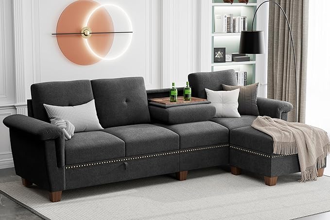 Jamfly 107" Convertible L-Shaped Sectional Sofa with Storage & Cup Holders