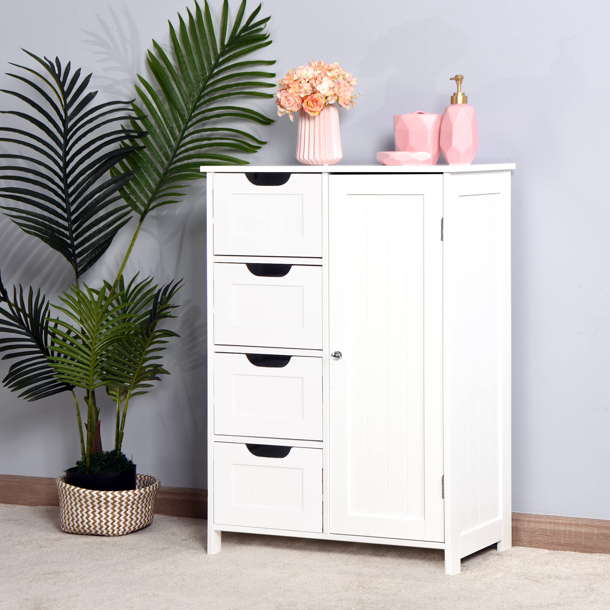 Wooden Bathroom Floor Cabinet, Side Storage Organizer Cabinet