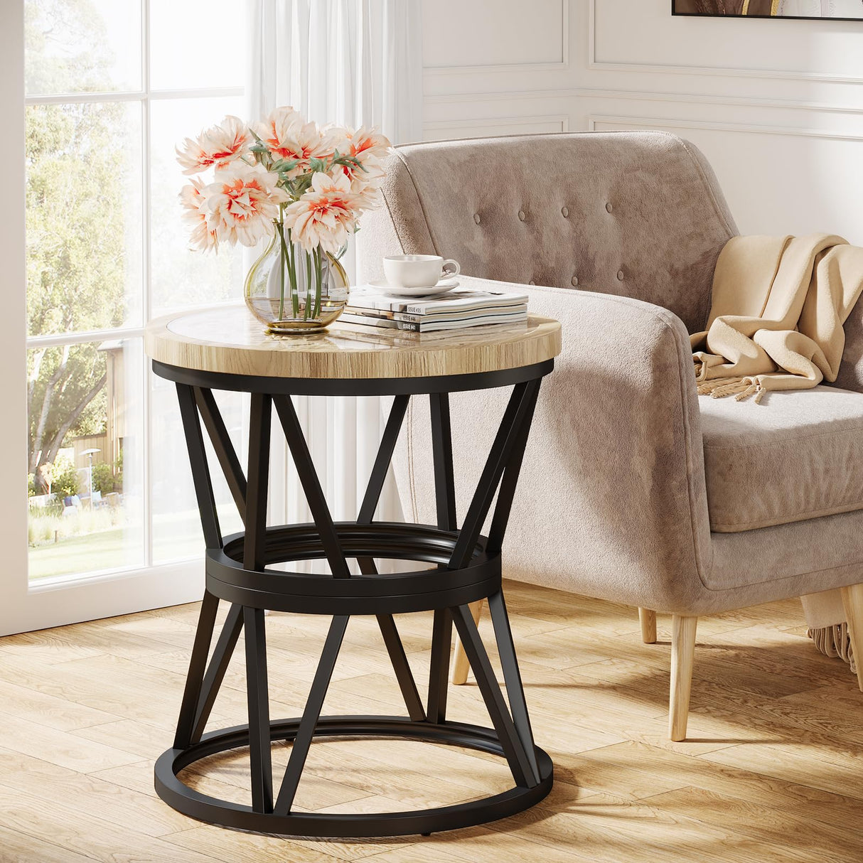 Side Table Set of 2, Round Carved End Table for Living Room