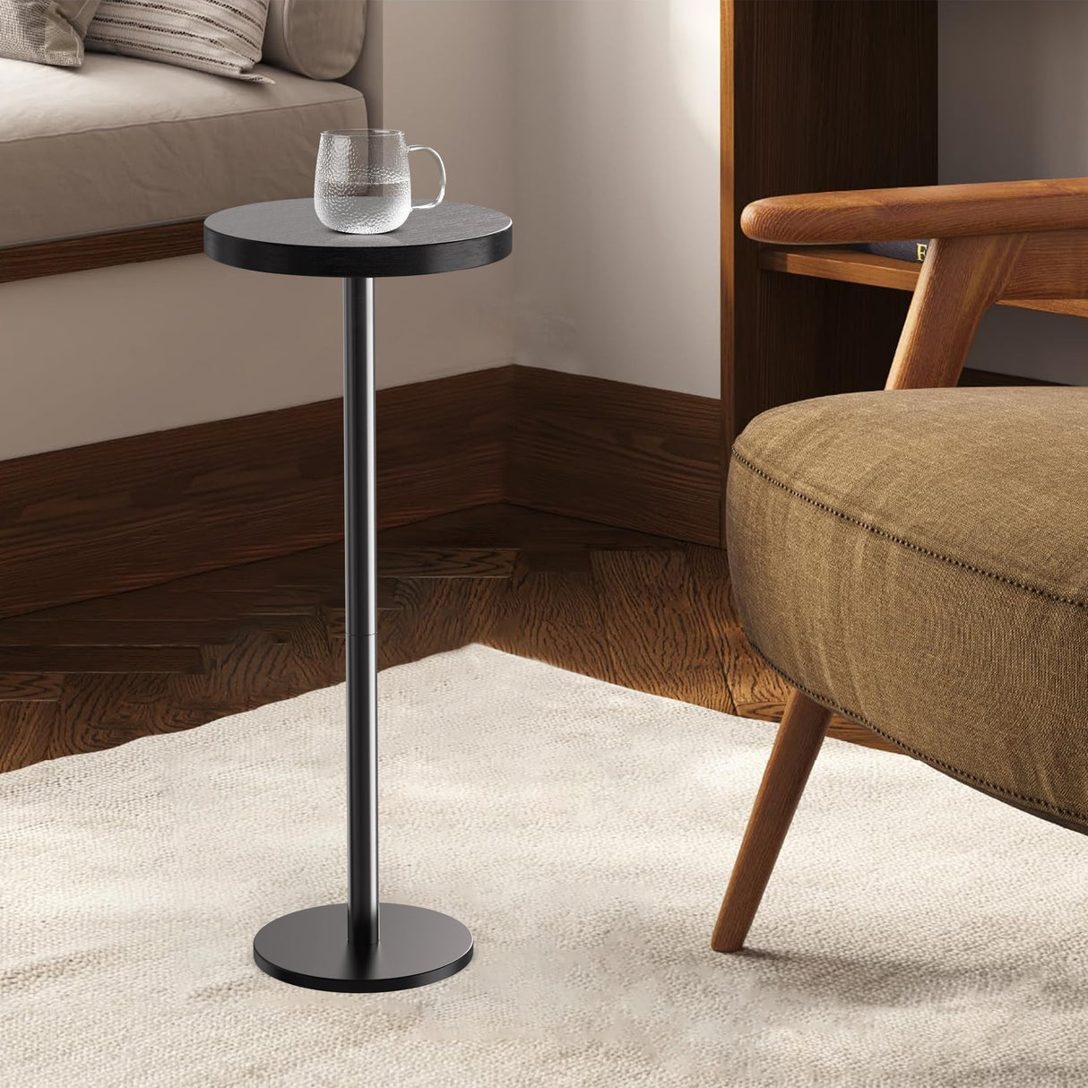 Φ9.8inch Black Round Drink Table Weighted Base End Table, Modern Pedestal
