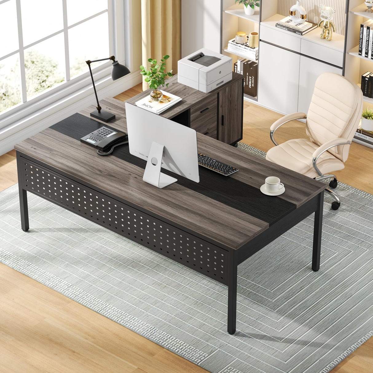 70.8" Executive Desk with Lateral File Cabinet, Modern Thickened Wooden Workstation L-Shaped Computer Desk Large Home Office Writing Desk for Home Office