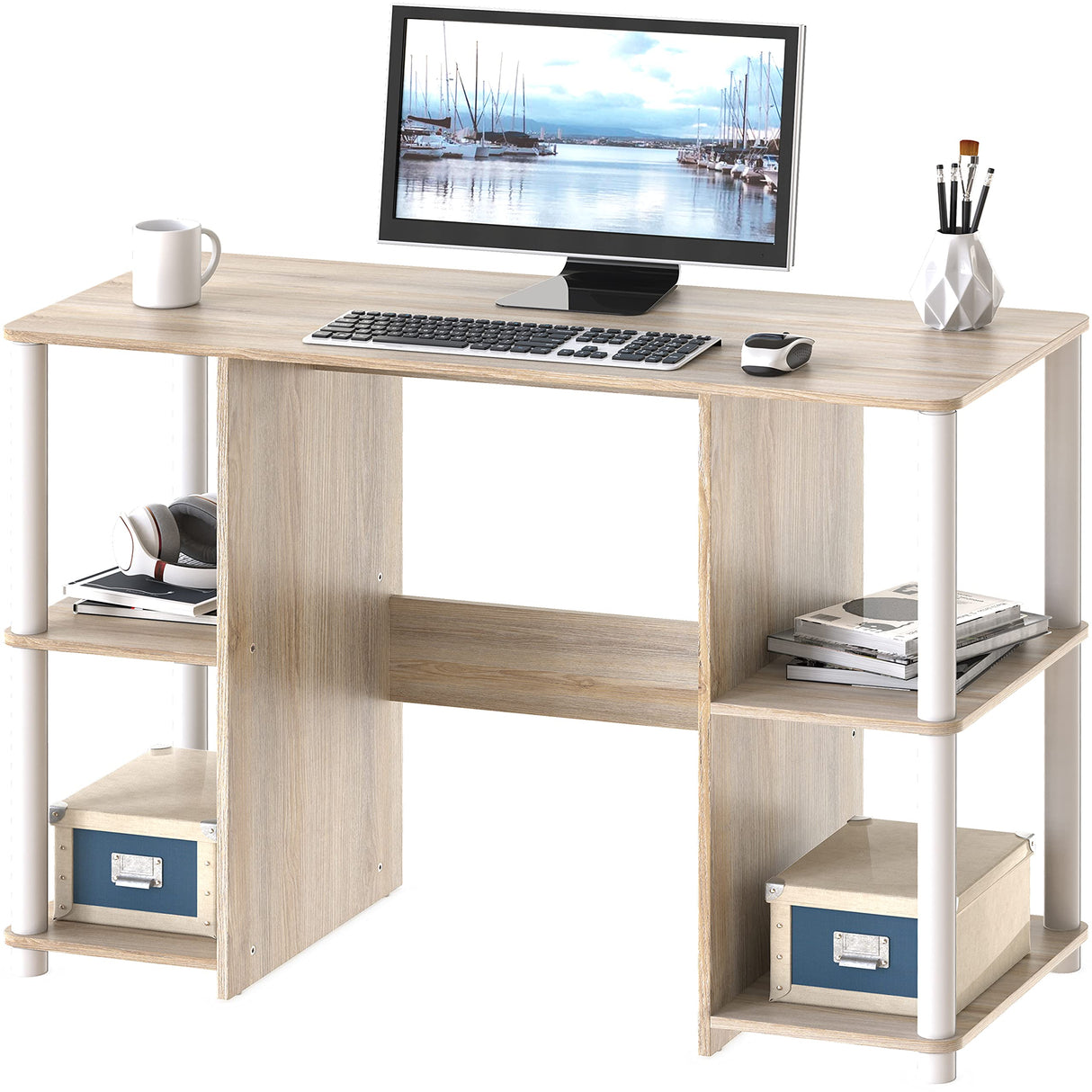 Home Office Wood Desk with Double Sided Shelves, Oak