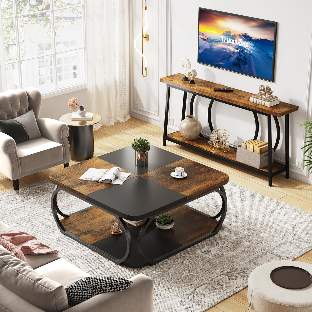 Square Coffee Table with 2 Tiers, 40 inches Low Farmhouse Coffee Table