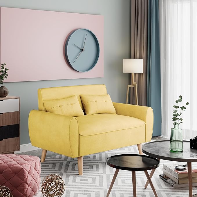 47" Small Modern Loveseat Sofa, Mid Century Linen Fabric 2-Seat Sofa