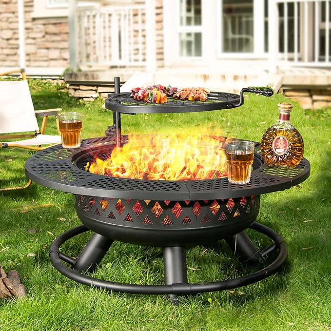 42 Inch Outdoor Fire Pit with Grill, Large Firepit Table for Outside