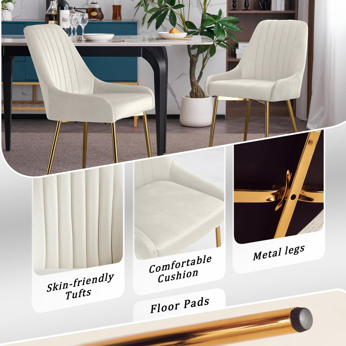 Mid-Century Modern Dining Chairs Set of 2 - White Velvet with Gold Metal Legs