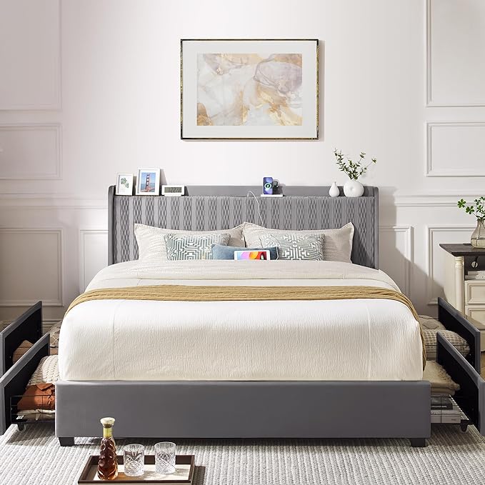 Queen Size Bed Frame, Velvet Upholstered Platform Bed