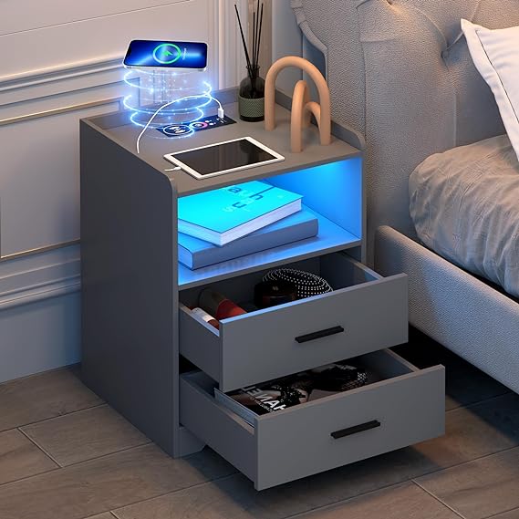 Black LED Nightstand with Charging Station, Night Stands with 24-color RGB LED Lights