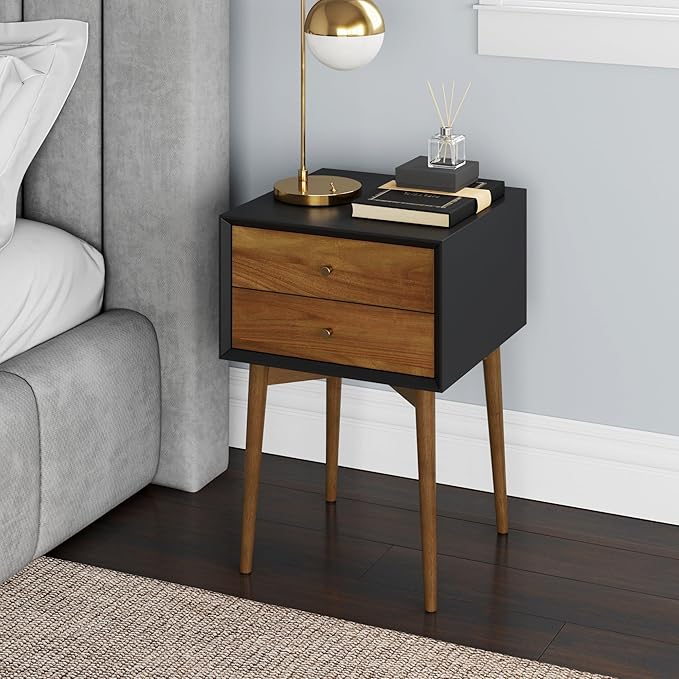 32704 Harper Mid-Century Oak Wood Nightstand with 2-Drawers, Small Side End Table