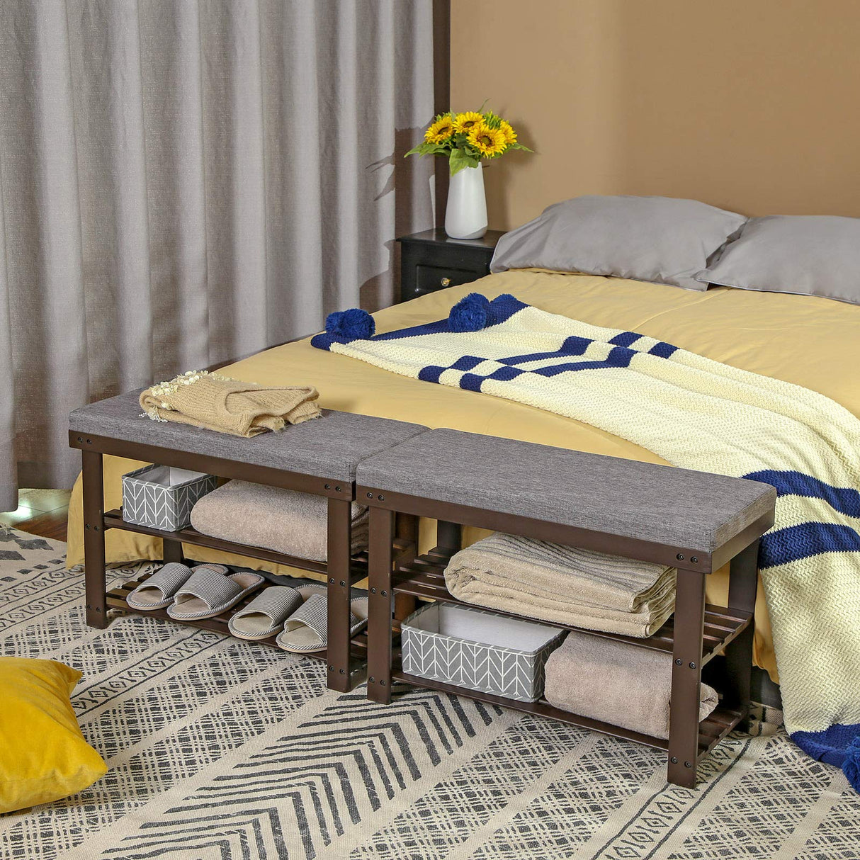 Bamboo Shoe Bench, 3-Tier Shoe Rack, Stable Shoe Organizer for Entryway, Living Room