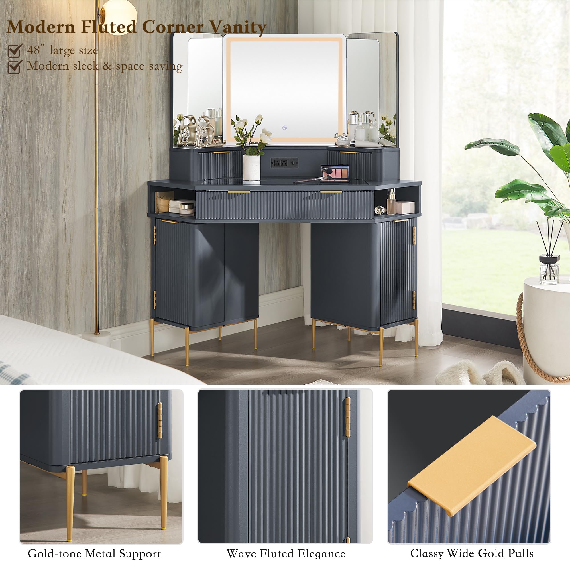Corner Vanity Desk with Mirror and Lights, 48" Modern Fluted Makeup Vanity with Glass Top