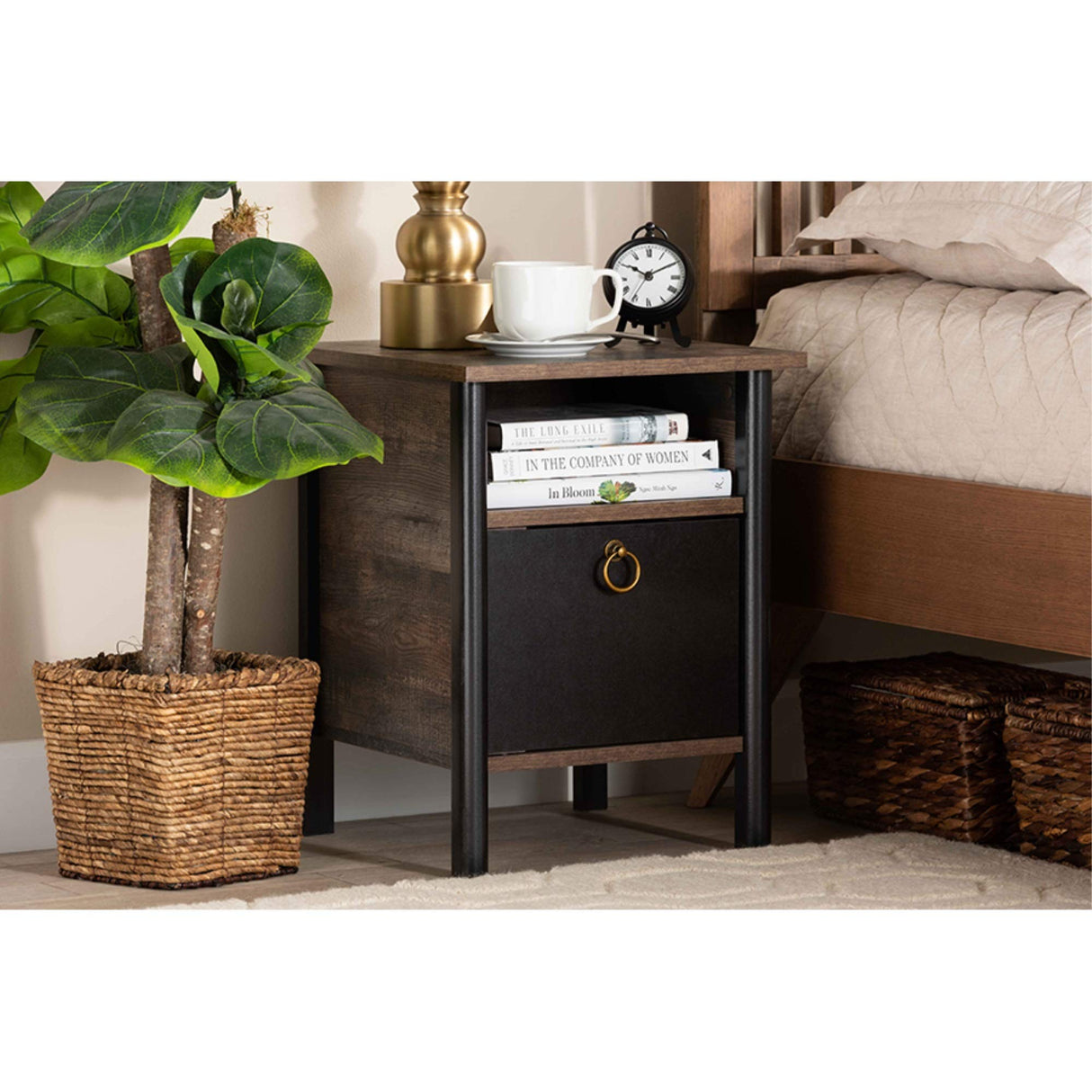 Two-Tone Rustic Brown and Black Finished Wood Nightstand