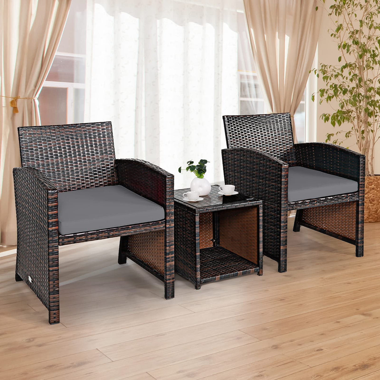 3-Piece Outdoor PE Rattan Furniture Set, Patio Conversation Set w/Chair & Storage Coffee Table