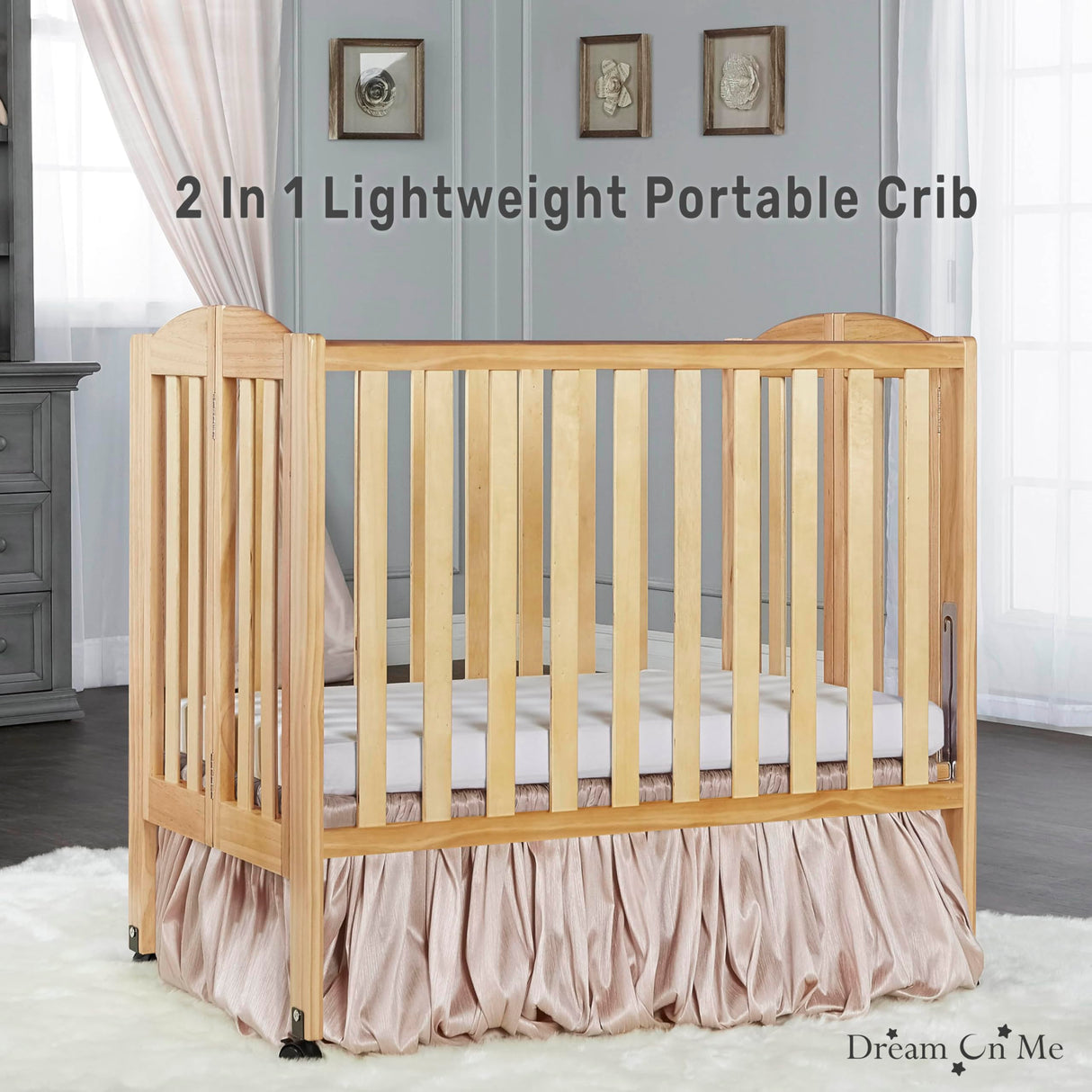 2 in 1 Portable Folding Stationary Side Crib in Natural, Greenguard Gold Certified , 40x26x38 Inch (Pack of 1)