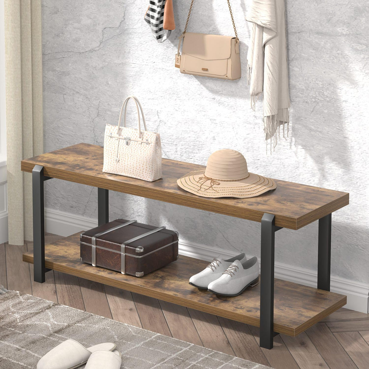 Entryway Bench, Industrial Shoe Storage Bench