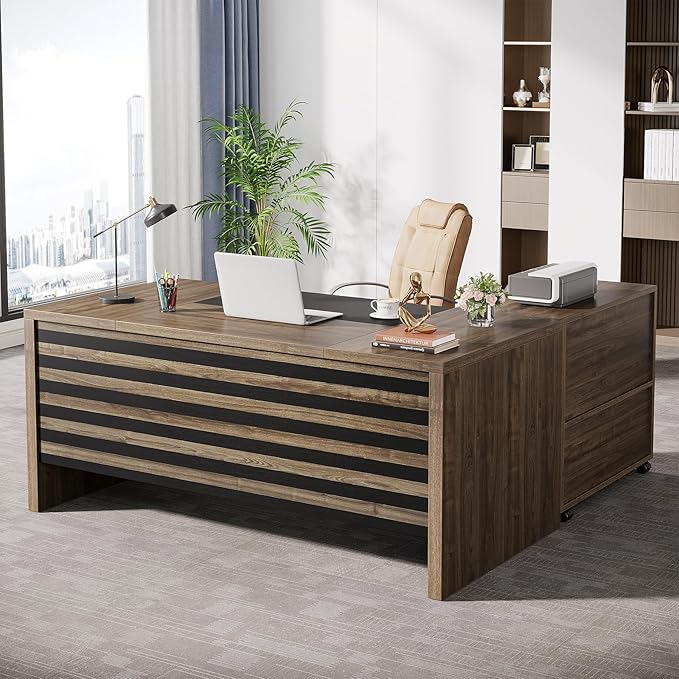 62.2" Executive Desk with Mobile File Cabinet, L-Shaped Office Desk