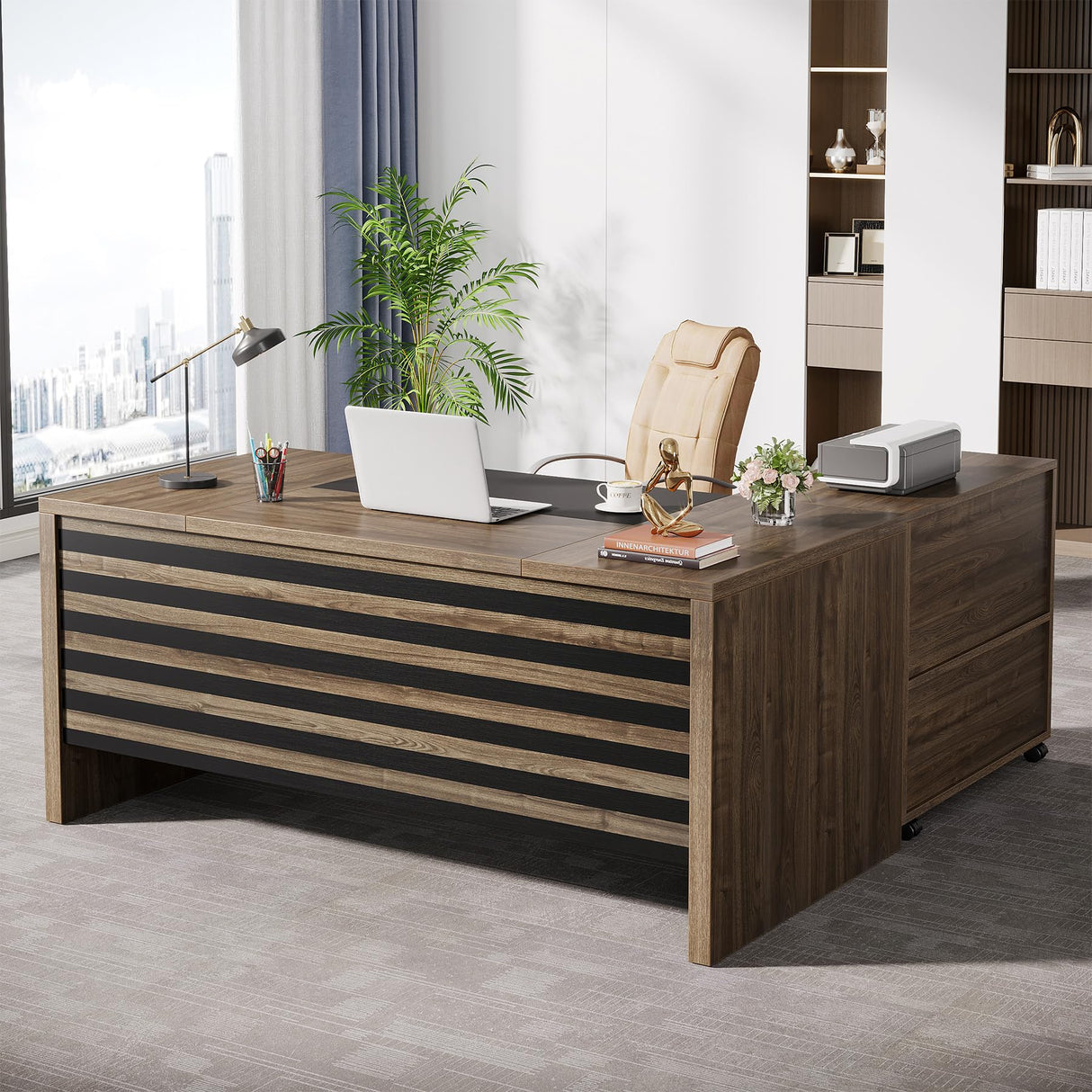 62.2" Executive Desk with Mobile File Cabinet, L-Shaped Office Desk