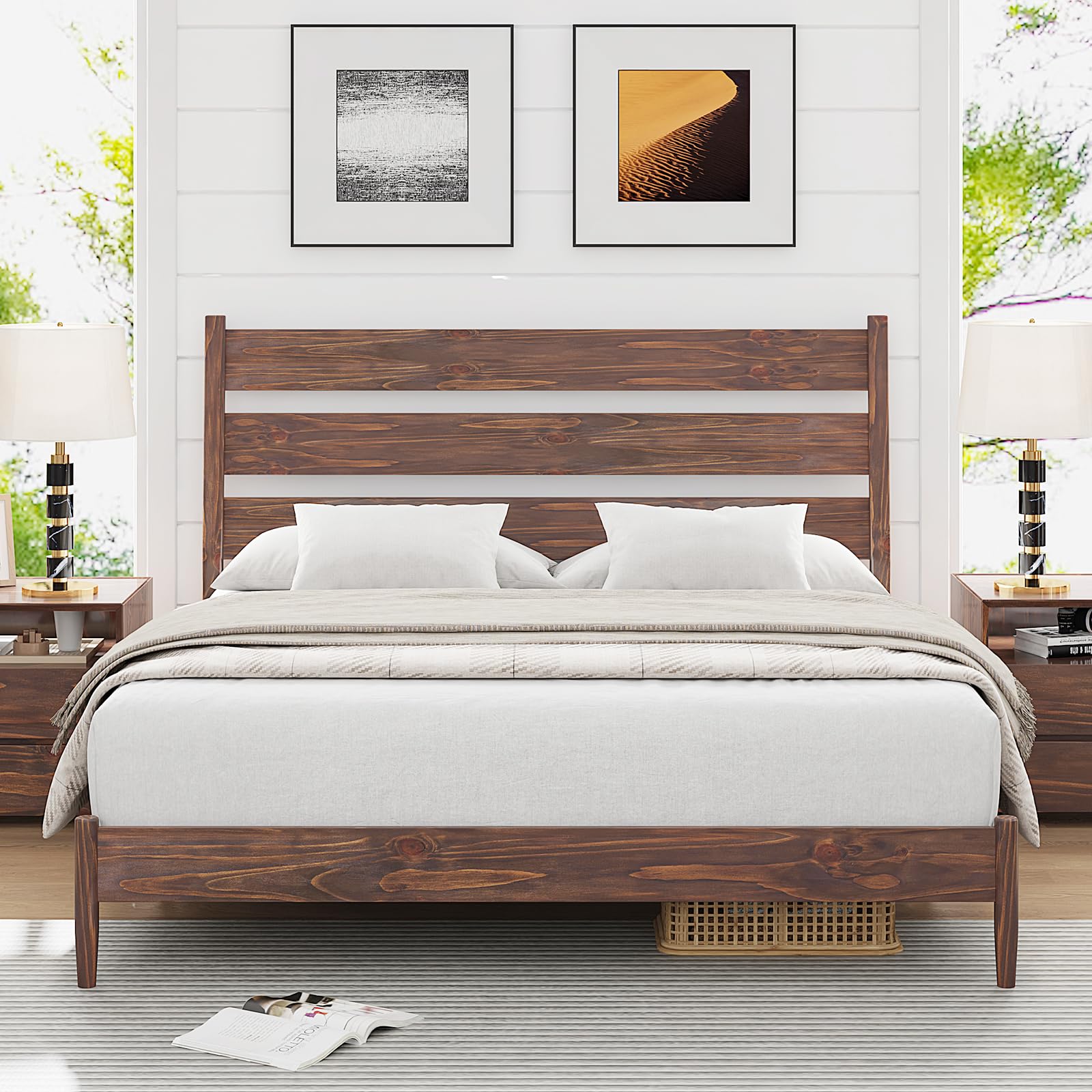 Solid Wood Bed Frame with Ergonomic Headboard, Full Size Mid Century Wooden