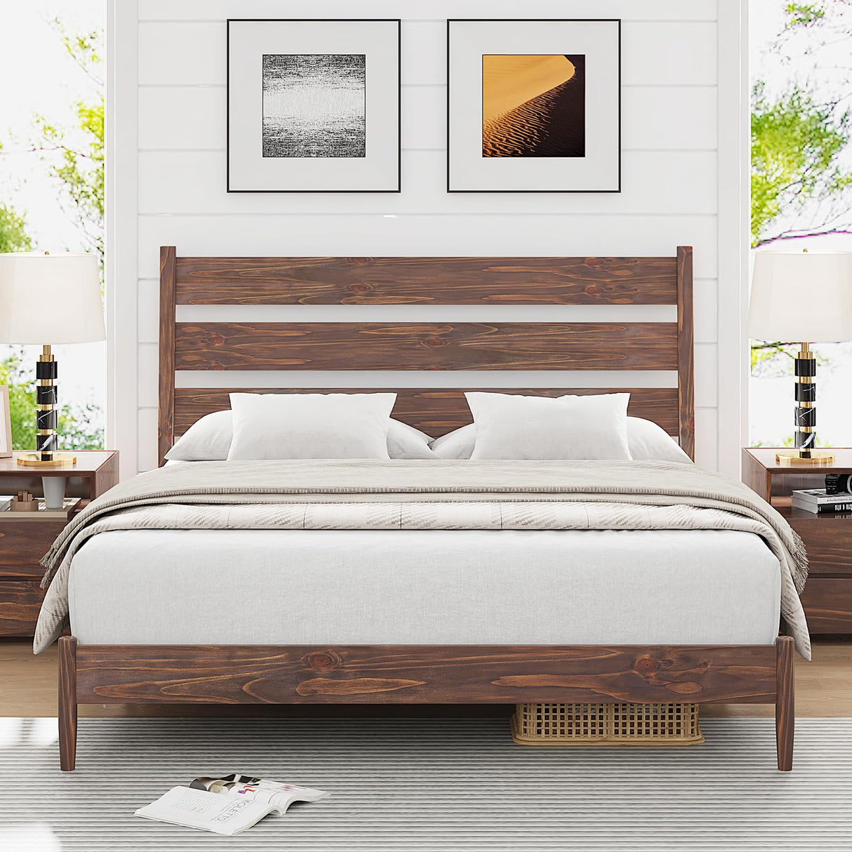 Solid Wood Bed Frame with Ergonomic Headboard, Full Size Mid Century Wooden