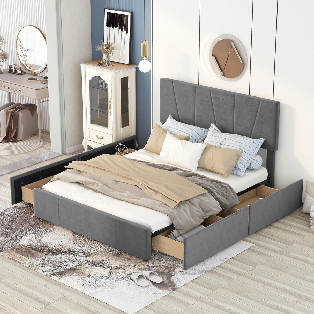 Upholstery Platform Bed with Four Drawers on Two Sides Grey - Queen