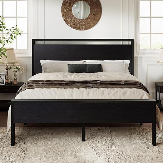 Queen Size Platform Bed Frame with Wooden Headboard and Footboard