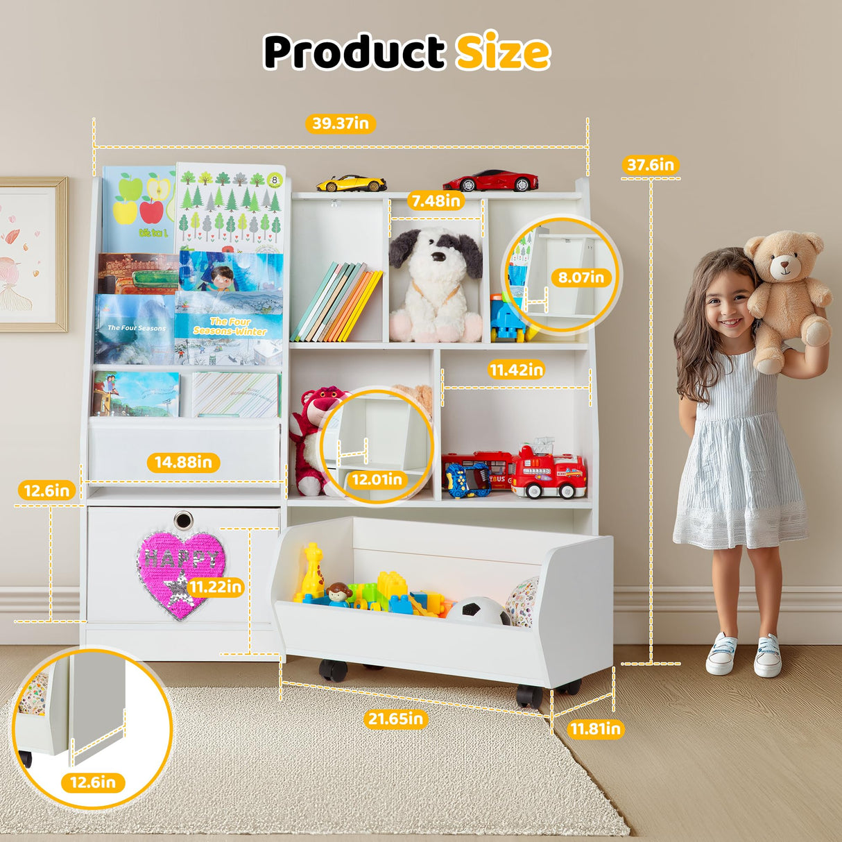 KOLIGEY Kids Bookshelf and Toy Organizer, 5-Cubby Toy Storage Cabinet with 4 Tier Wooden Bookcase, 1 Removable Toy Cabinet with Wheels for Bedroom, Living Room, Playroom, Nursery, Classroom