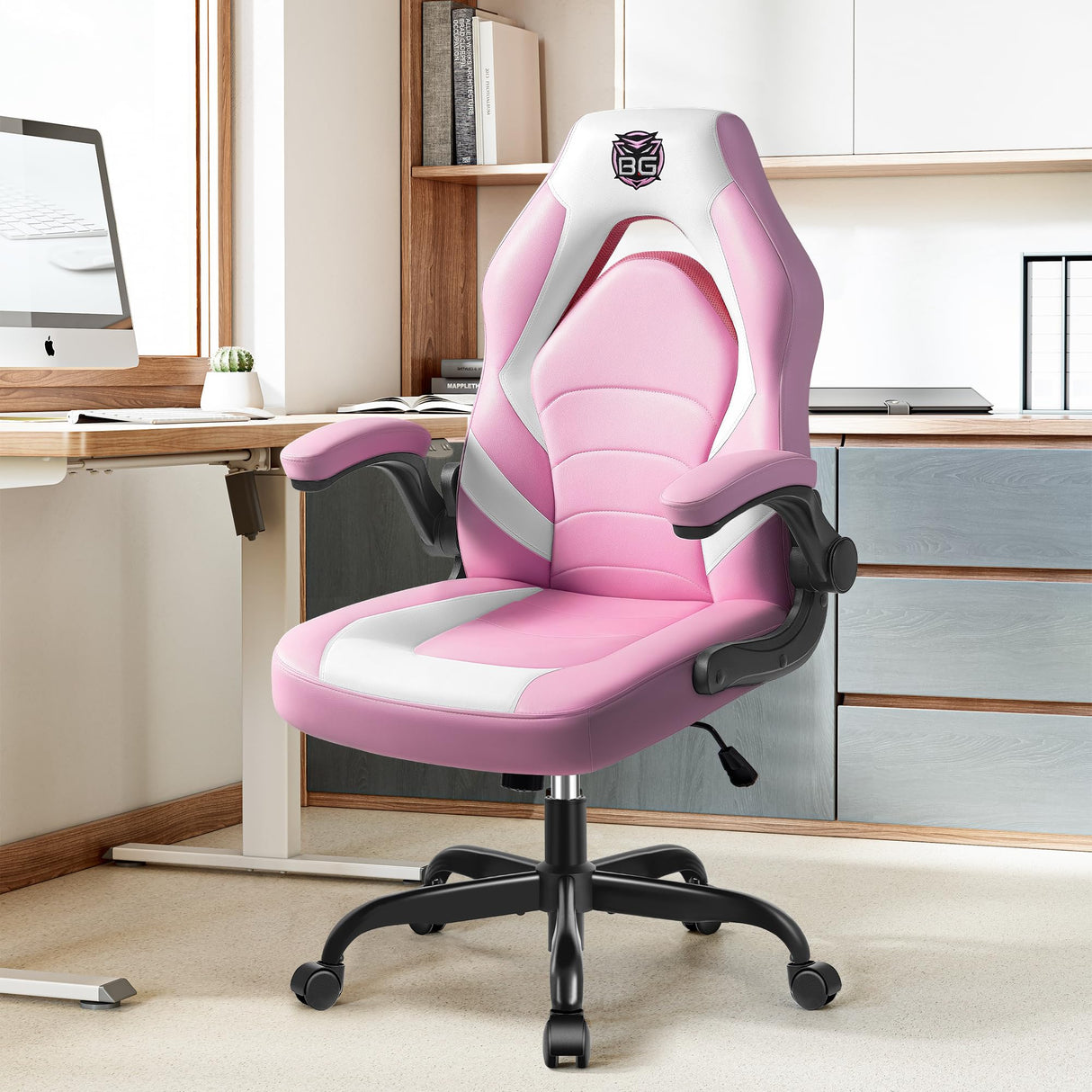 Ergonomic Gaming Chair with Lumbar Support - Pink Leather High-Back Office Chair