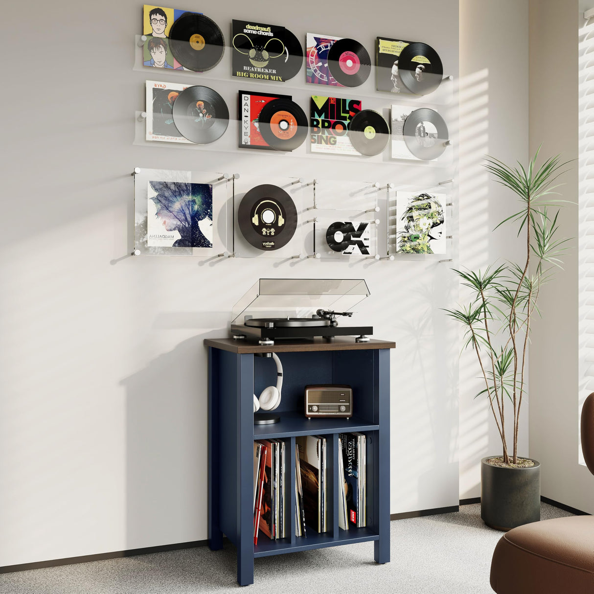 Record Player Stand, Vinyl Record Storage Table End Table with Display Shelf Holds up to 130 Albums
