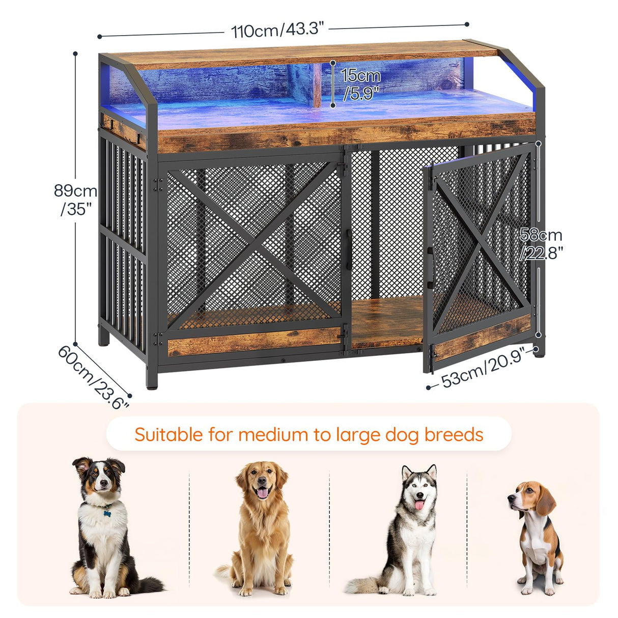 43.3" Dog Crate Furniture with LED Lights & Storage Shelves