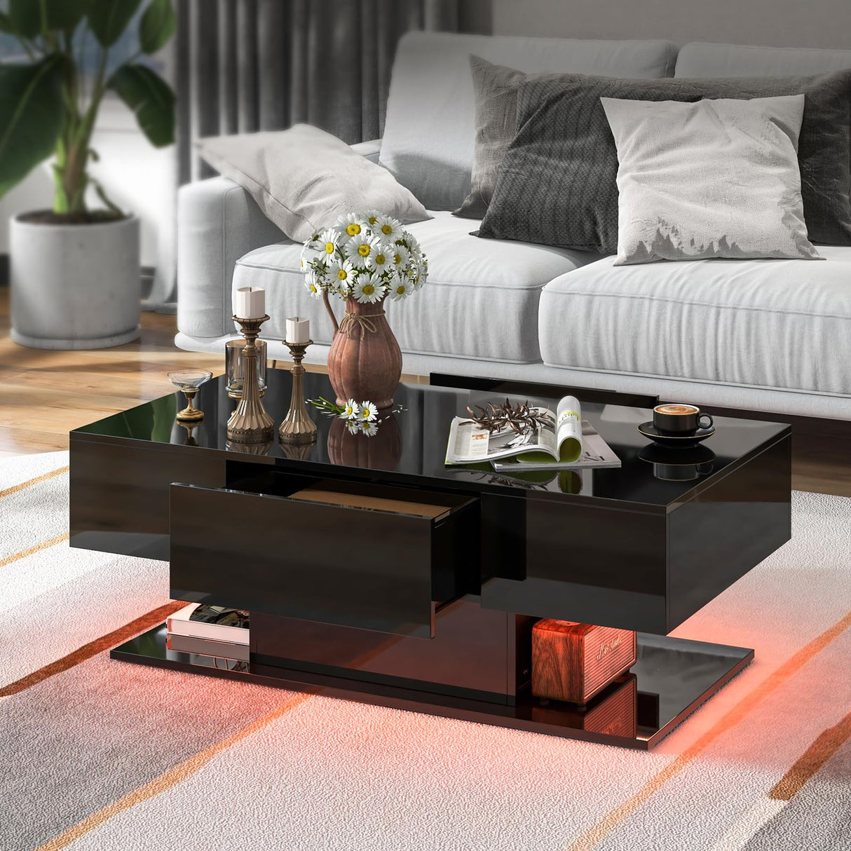 LED Coffee Table with 2 Drawers, High Glossy Modern Center Table