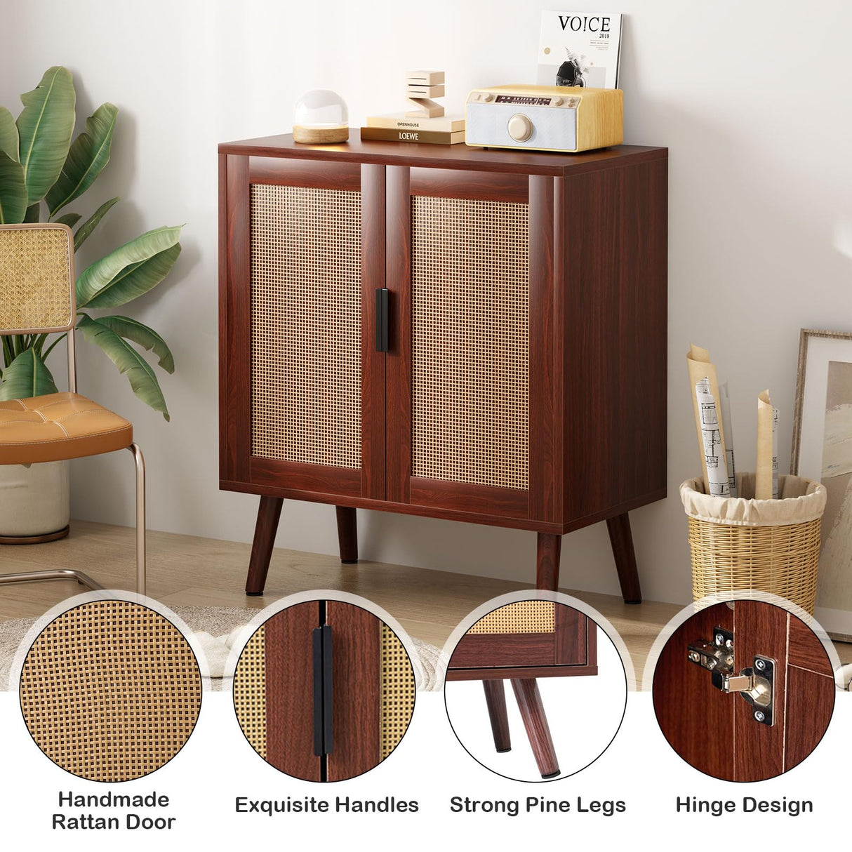 Sideboard Buffet Cabinet, Kitchen Storage Cabinet with Rattan Doors, Liquor Cabinet Bar