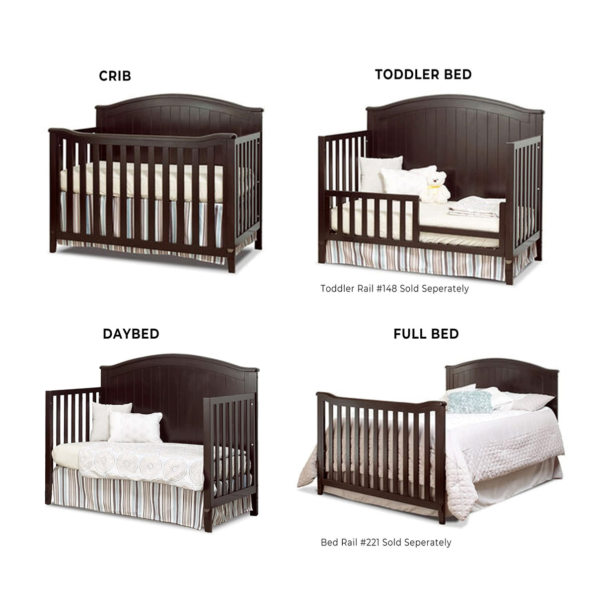 Fairview Crib, Classic 4-in-1 Convertible Crib, Made of Wood, Non-Toxic Finish, Wooden Baby Bed, Toddler Bed, Child’s Daybed and Full-Size Bed, Nursery Furniture - Espresso