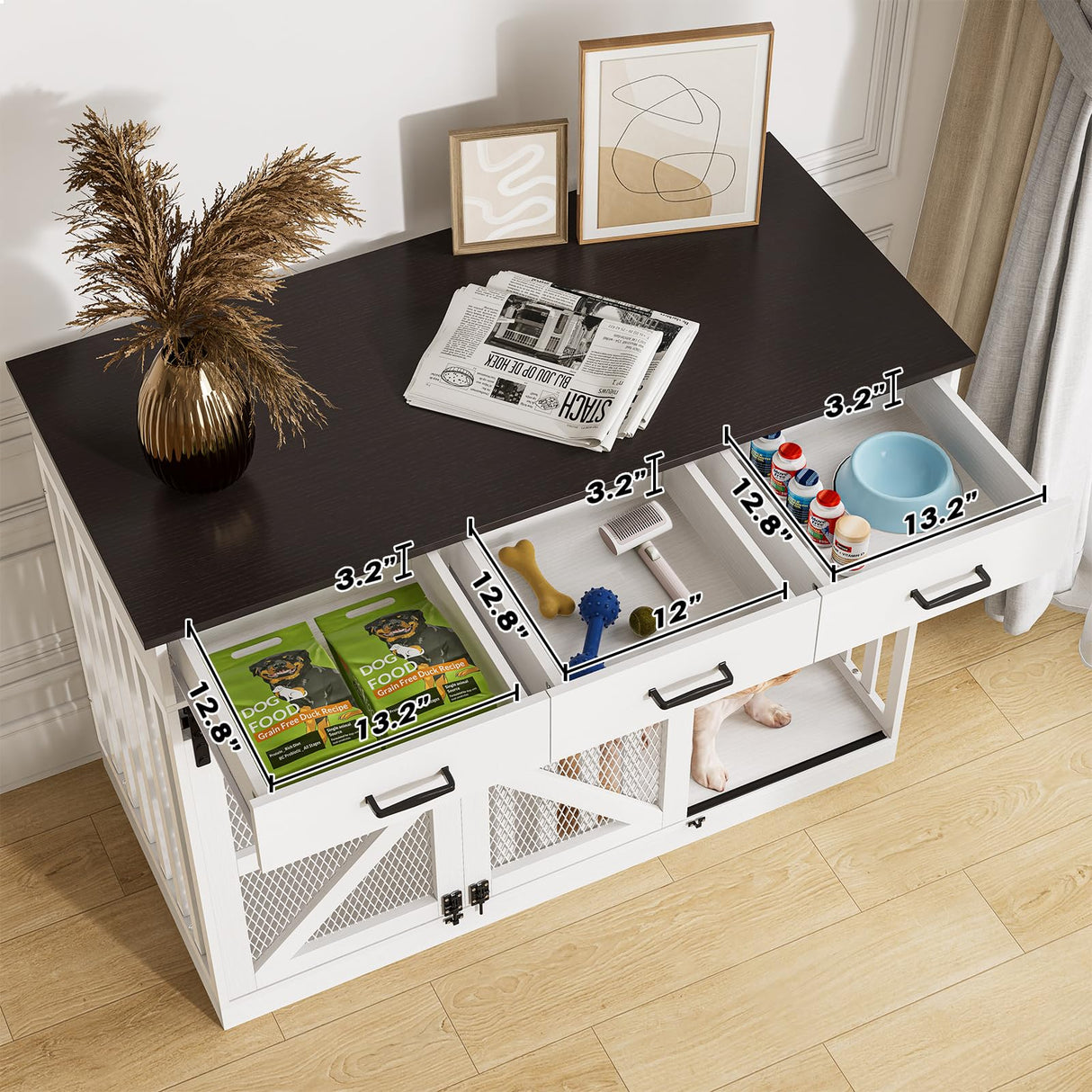 Farmhouse Dog Crate Furniture with Storage Drawers - Large Wooden Kennel & TV Stand