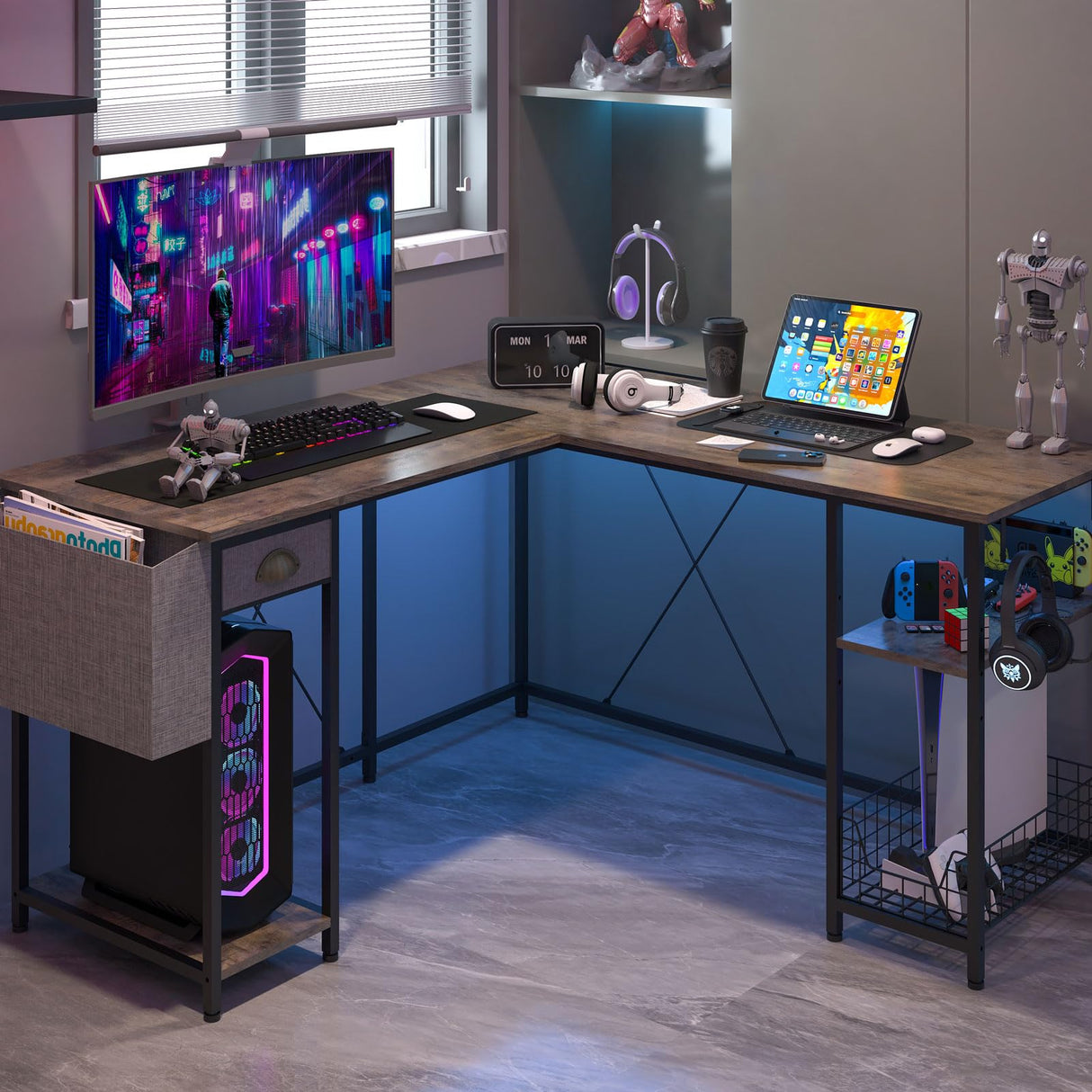 2 Person Desk Large L-Shaped Computer Desk with Storage Shelves Drawer