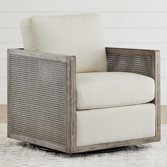 Swivel Accent Chair, Rattan Arm Chair for Living Room and Bedroom, Cream Fabric
