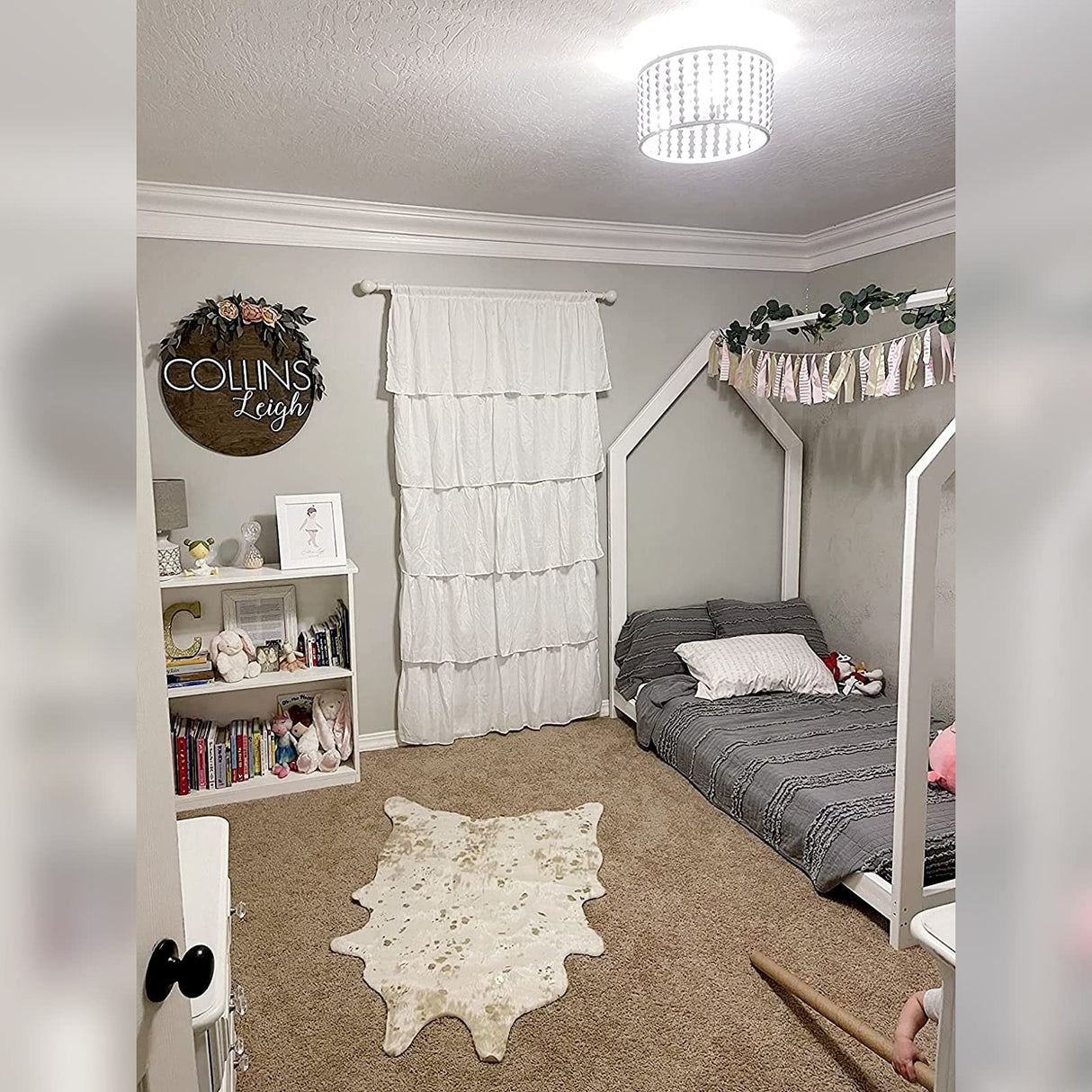 Boho Light Fixture, 3-Light Wood Beaded Chandelier, White Semi-Flush Mount Ceiling