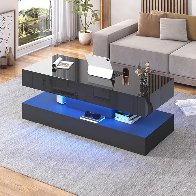 47.3IN High Glossy LED Coffee Table,APP LED Lights,Black/White, Modern Furniture
