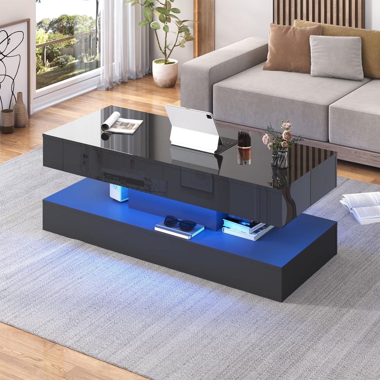 47.3IN High Glossy LED Coffee Table,Modern Coffee Table for Living Room