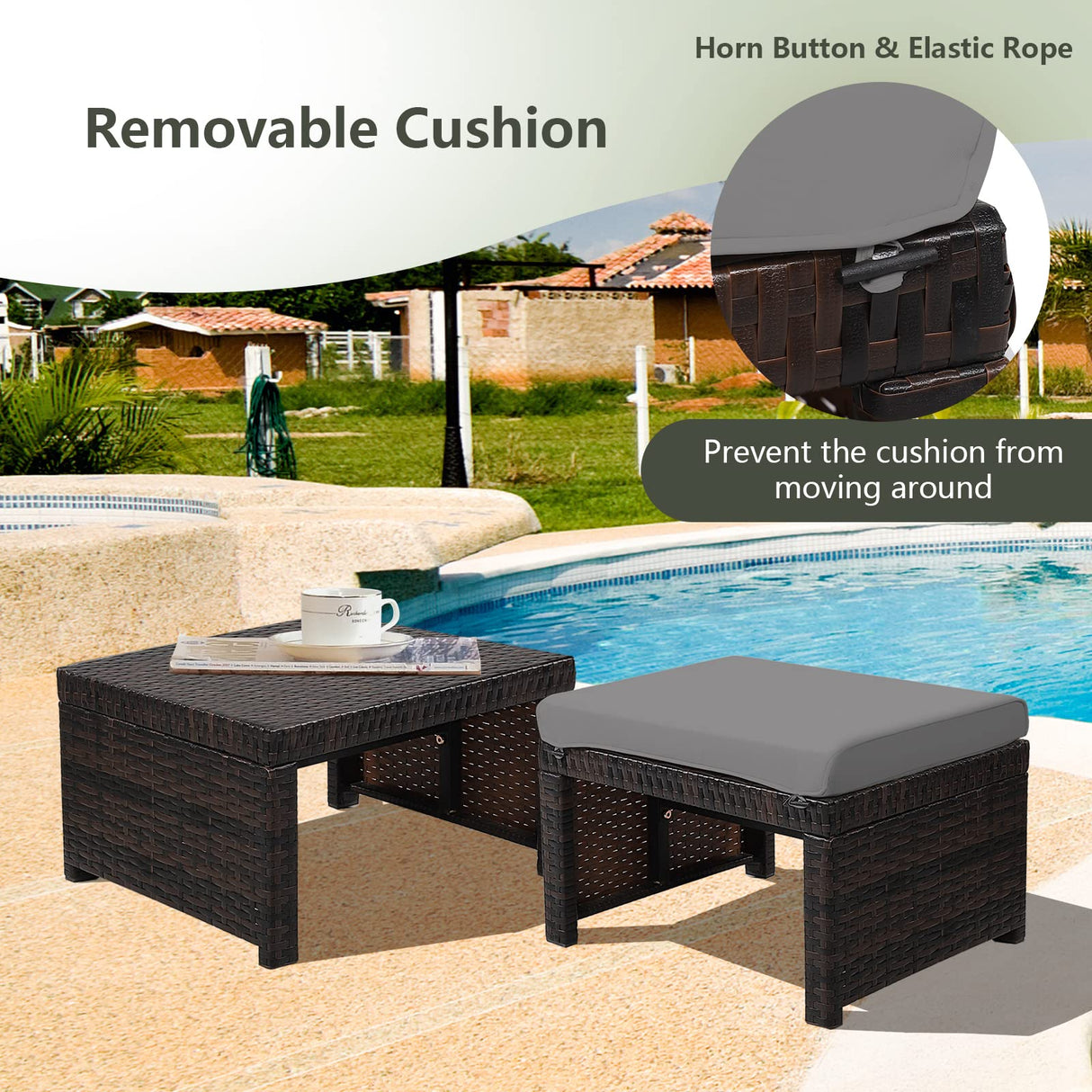 HAPPYGRILL 2 Piece Outdoor Wicker Ottomans, Patio Rattan Footstool with Cushions, Solid Steel Frame, Multifunctional Ottomans for Poolside Backyard Balcony