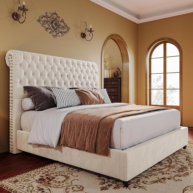 King Bed Frame Upholstered Platform Bed Frame with 52.8'' Tall Sleigh Headboard