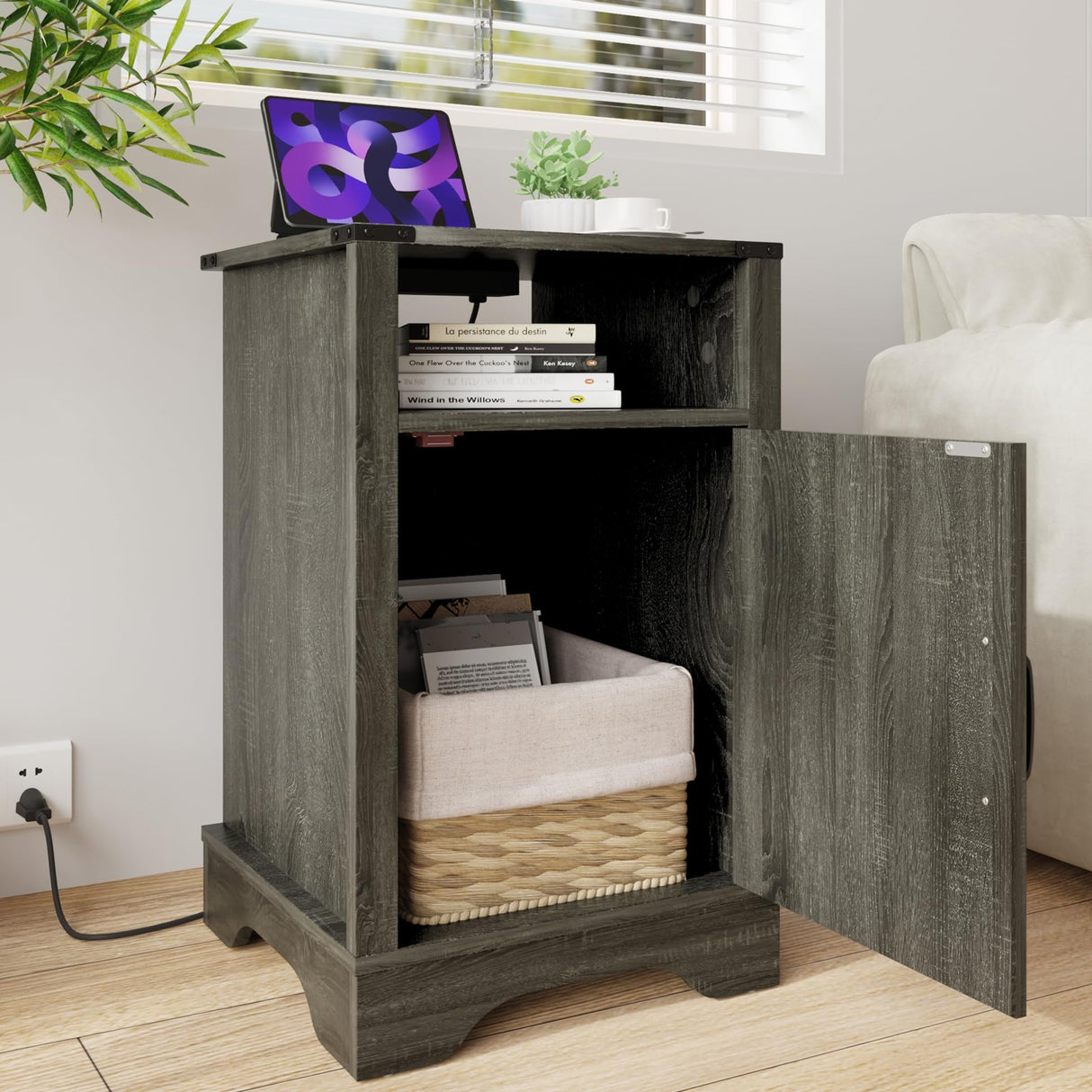 Farmhouse Nightstand Side Table with Charging Station & Storage, Dark Gray Wood
