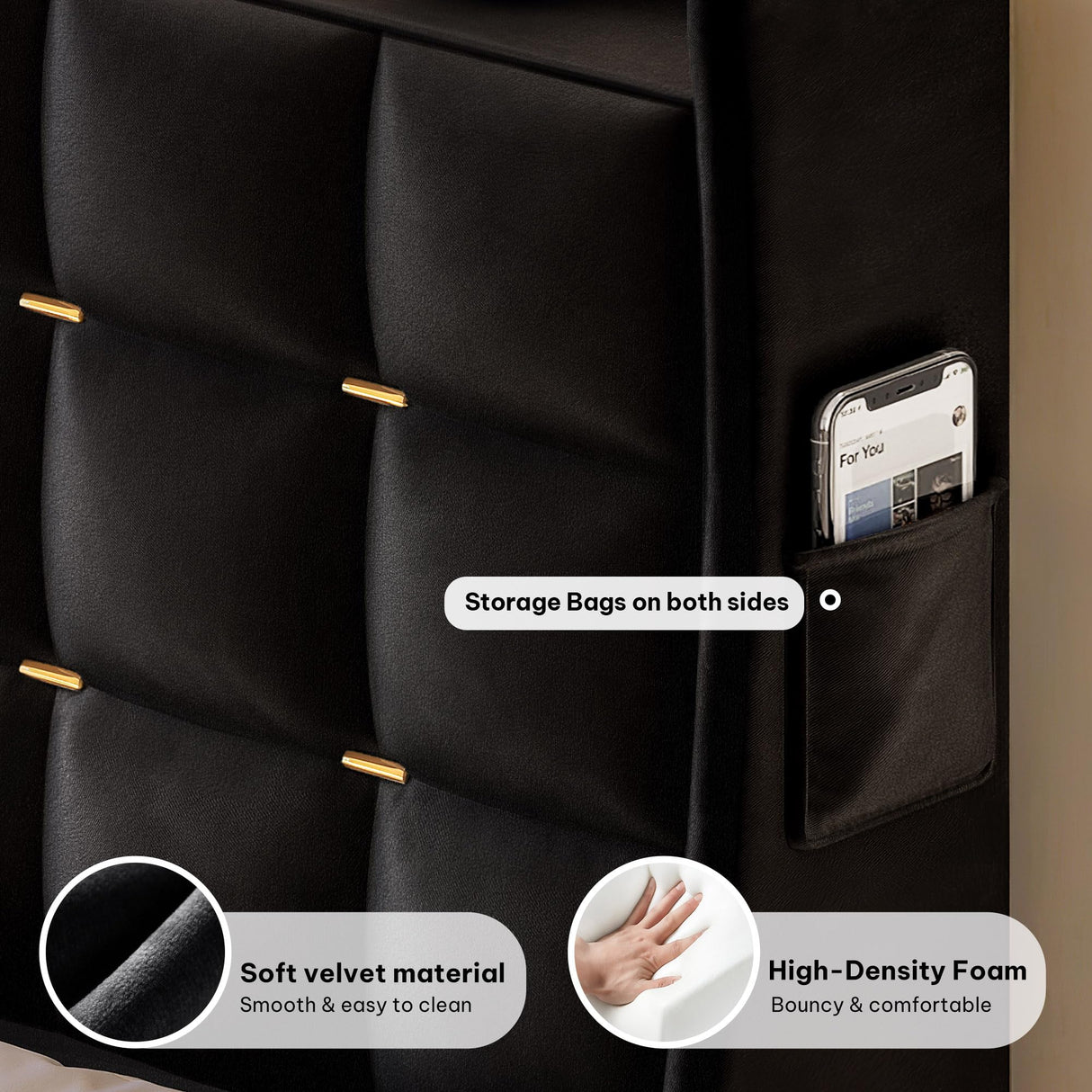 King Size Velvet Platform Bed Frame with LED Lights & Storage Drawers