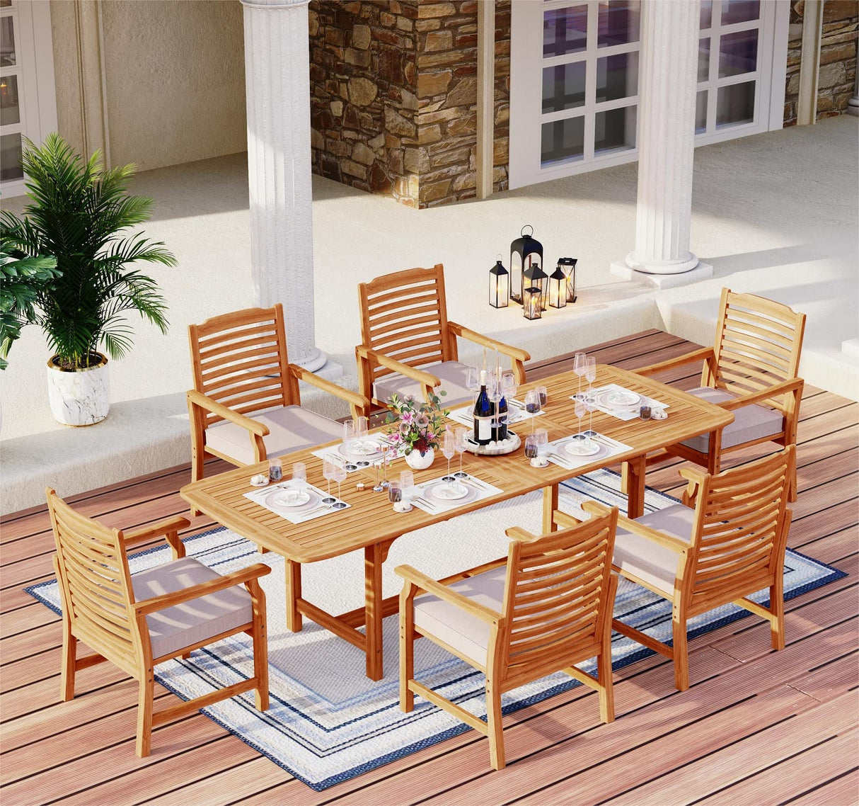 7 Pieces Patio Dining Set, Outdoor Table Chairs Set for 6, 1 x Rectangular Expandable Acacia Wood Table